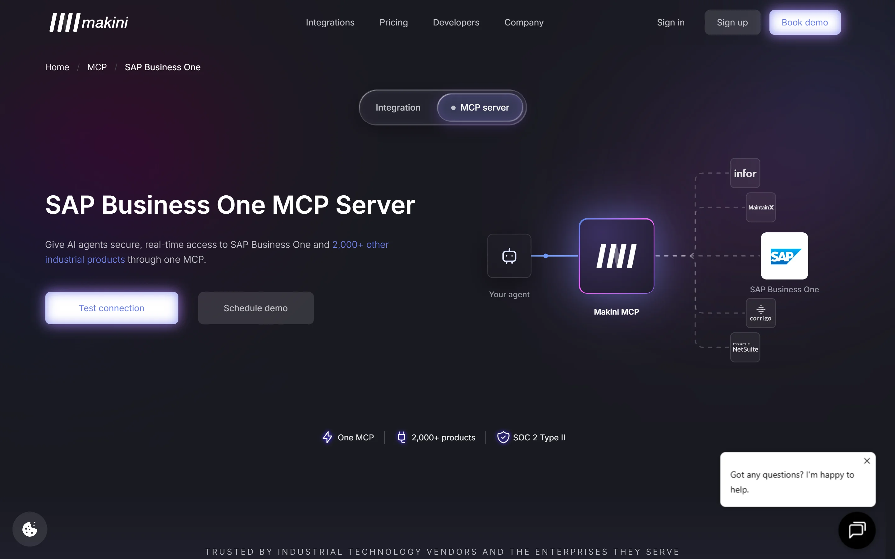 Пример MCP-страницы makini.io под запрос MCP server for {система}